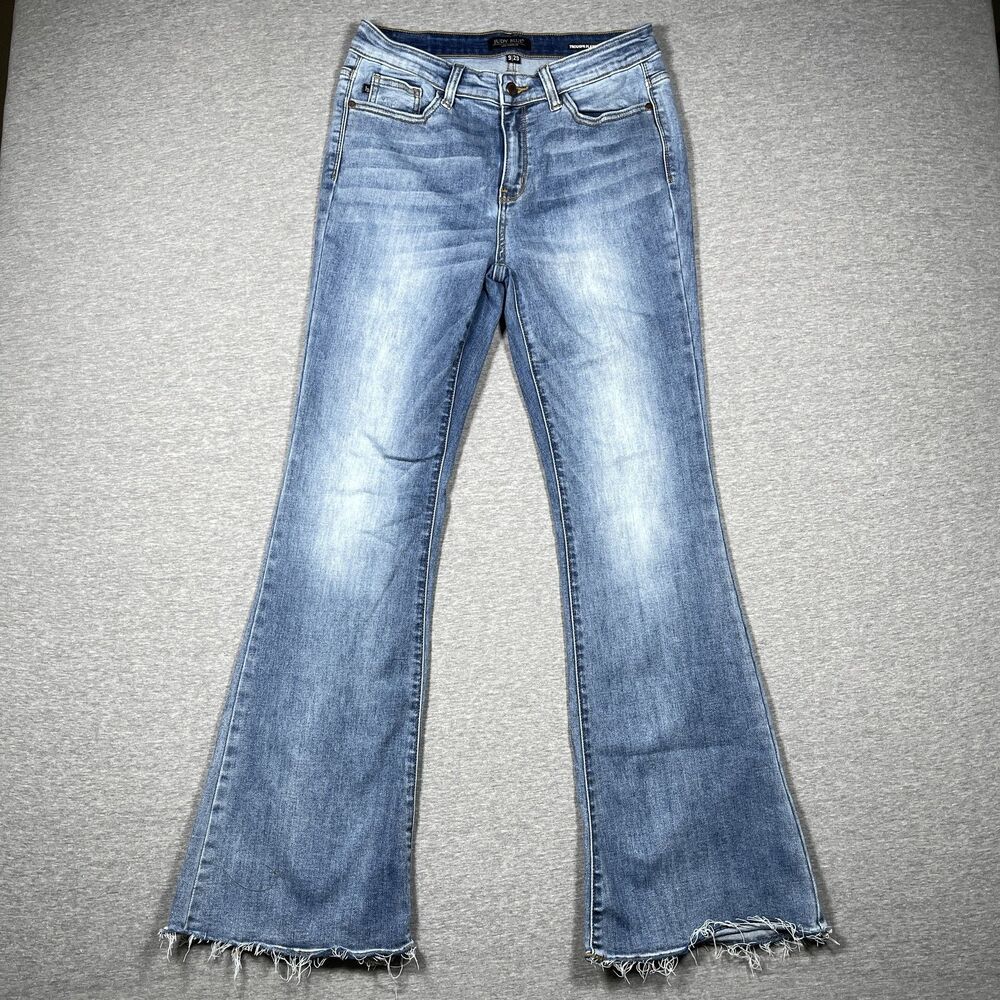 Judy Blue Trouser Flare Jeans Womens 9/29 Blue Mid Rise Light Wash Distressed